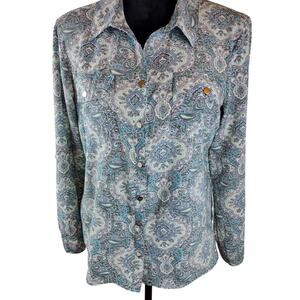 NOTATIONS Women's Top Large Paisley Teal Green White Summer